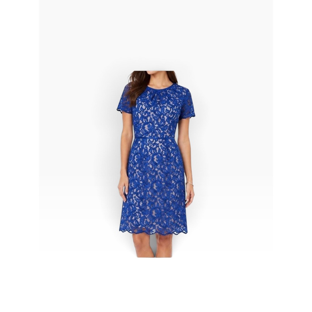Adrianna Papell Cobalt Blue Lace Sheath Dress Cocktail Wedding Scalloped Formal